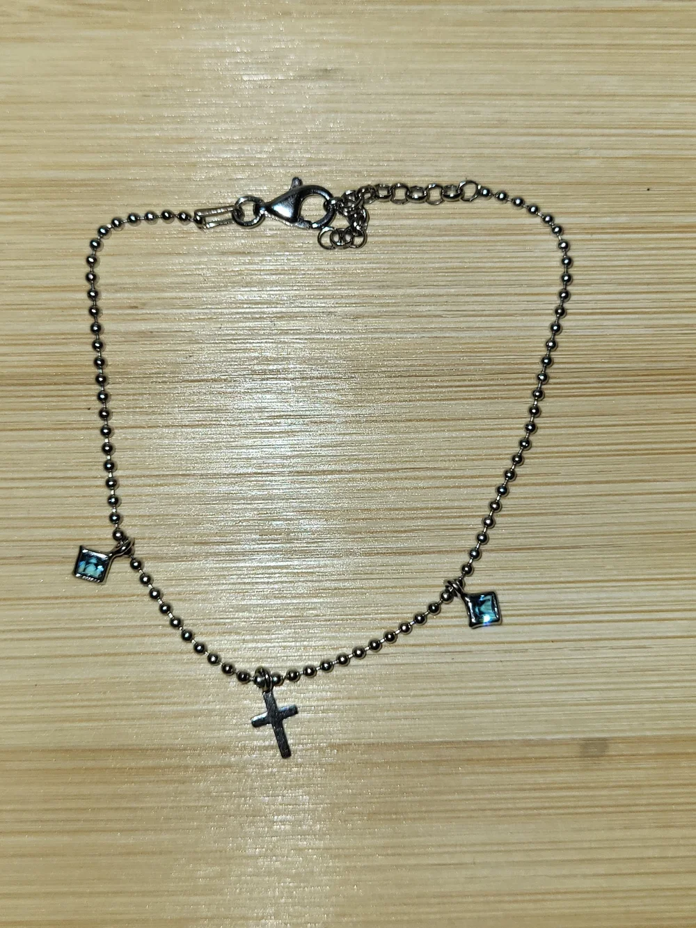 Sterling Silver Beaded Bracelet with Blue Aquamarine Gem and Cross Charm
